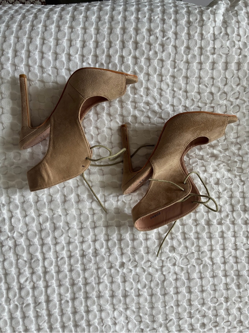 Lace-Up Peep-Toe Platform Heels in Tan Suede
